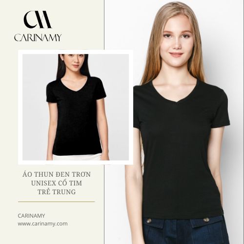 Áo Thun Đen Trơn Unisex Cổ Tim Trẻ Trung