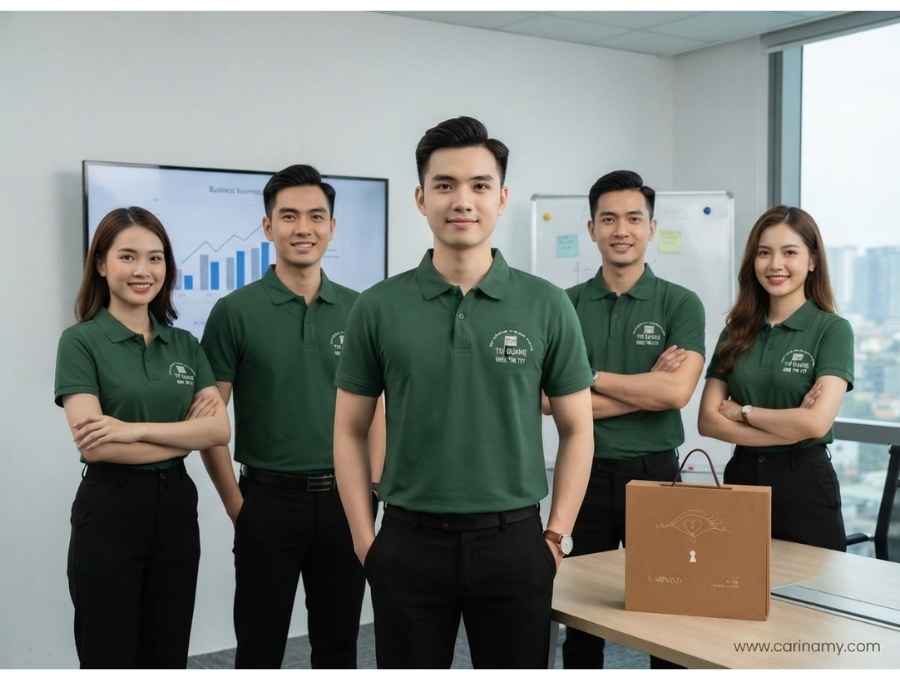 một nhóm người mặc áo đồng phục team building doanh nghiệp